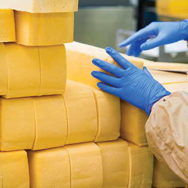 Radnik slaže blokove sira u mljekari. U mliječnoj industriji TOC analizatori mogu pomoći u praćenju organskog otpada u otpadnim vodama i smanjiti gubitak proizvoda.